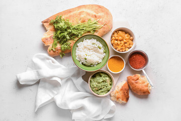Traditional Indian food on light background