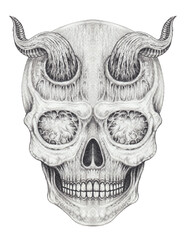 Surreal devil skull tattoo. Hand drawing on paper.
