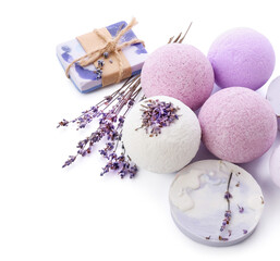 Lavender bath bombs and soap on white background