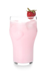 Glass of strawberry Pina Colada cocktail on white background