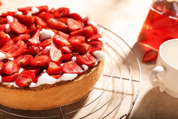 Sweet strawberry pie on color background