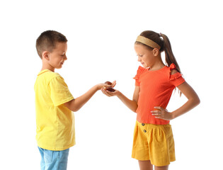 Cute little children with snails on white background