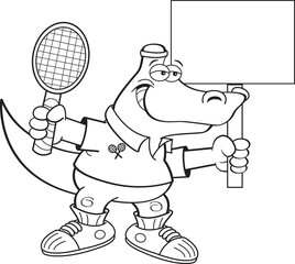 Black and white illustration of an smiling alligator holding a tennis racket and a sign.