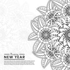 Happy new year banner or card template with mehndi flower