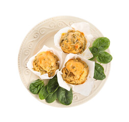 Plate with tasty spinach muffins on white background