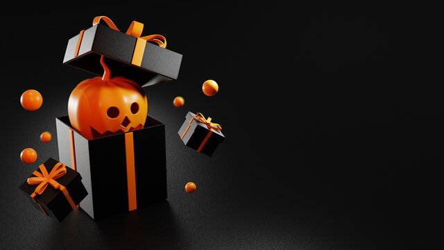 3d rendering of Happy Halloween, Pumpkin in a black gift box on black background. © kirkchai