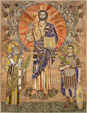 ROME, ITALY - SEPTEMBER 2, 2021: The modern mosaic of Jesus with the st. Fabian and Venanzio in the church Chiesa dei Santi Fabiano e Venanzioby P. Ugulino (1963 - 1964).