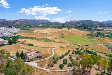 Fototapeta na wymiar Paisaje del valle de Ronda con caminos, arboles, tierras de cultivo, olivos, casas del pueblo y las montañas al fondo un día soleado con cielo azul.