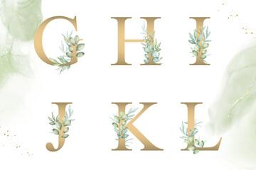 Watercolor floral alphabet set of g, h, i, j, k, l with hand drawn Foliage