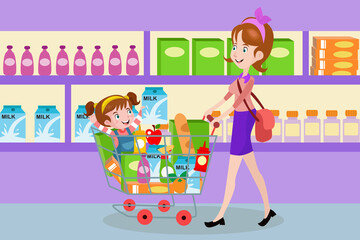 Mom Shopping with Her Daughter - Kids Illustration