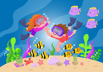 Fototapeta na wymiar Diving Under Sea - Kids Illustration