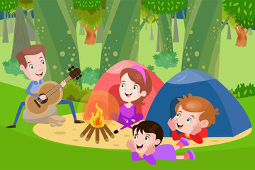 Camping With Family - Kids Illustration