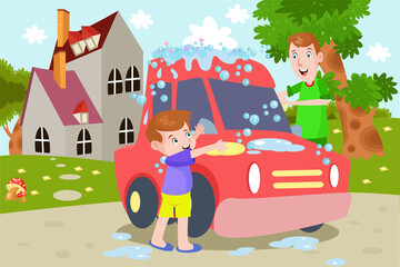 Boy and Daddy Washing a Car - Kids Illustration