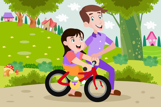 Daddy Teaching His Daughter to Ride a Bike - Kids Illustration