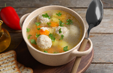 Bowl with tasty meatball soup on wooden background, closeup