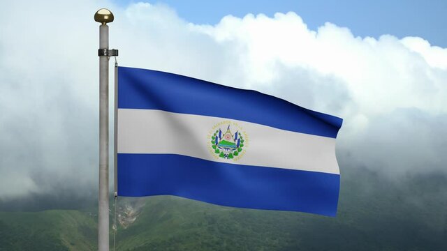 3D, Salvadorean flag waving on wind at mountain. Salvador banner blowing smooth silk. Cloth fabric texture ensign background. Use it for national day and country occasions concept.