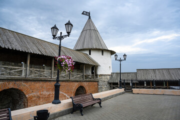 View of the white round watchtower of the Kazan Kremlin built in the 16th century in Tatarstan,...