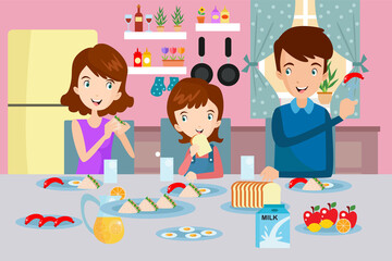 Mom Daddy and Daughter Breakfast Together - Kids Illustration
