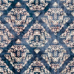 Seamless damask flourish motif Victorian-style surface pattern design for print. High-quality illustration. Luxurious fancy tapestry rug design for interior, wallpaper, or fabric. Navy blue and cream.
