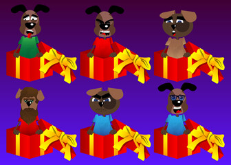 Funny cartoon dog in a gift box. Vector illustration. Celebrating holiday event with a cute surprise.