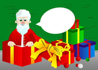 Santa Claus in his red clothes with white beard in a gift box. Vector cartoon character illustration. Celebrating holiday event with a cute surprise.