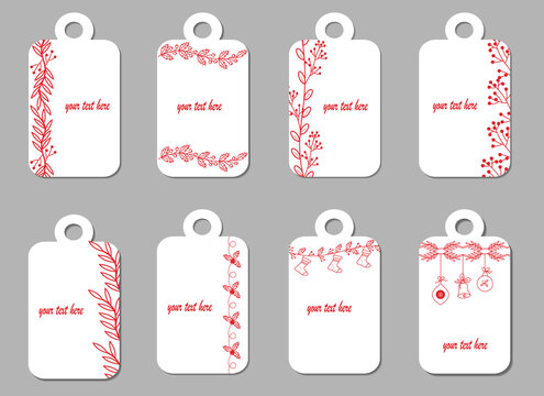 Set with tags for christmas. Outline drawing. Vector illustration. For use in gifts, packaging, presentations, flower and souvenir shops.