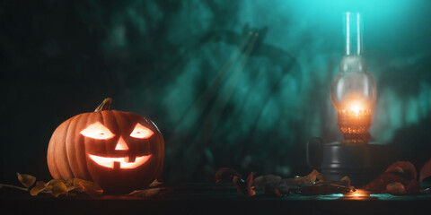 Halloween pumpkin head jack lantern with glowing eyes and kerosene lamp on wooden table