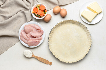 Ingredients for tasty pot pie on white background