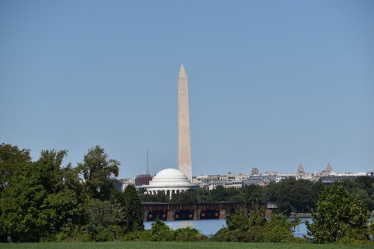 Washington, DC, USA - September 29, 2021: Jefferson Memorial and Washington Monument as Viewed from Gravelly Point Park in Arlington, VA on a Clear Day