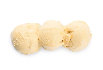 Delicious caramel ice cream balls on white background