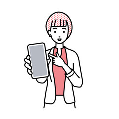 workers-phone1-woman1-front--reda立ってスマートフォンを指差してこちらに向けて見せているジャケットの女性