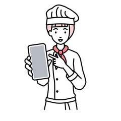 立ってスマートフォンを指差してこちらに向けて見せている調理師の女性
