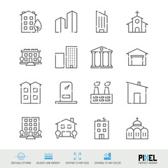 Buildings, houses related vector line icon set isolated on white