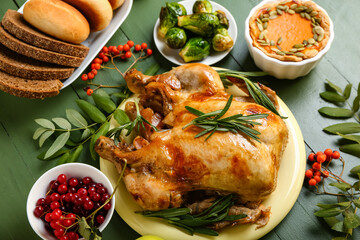 Tasty baked turkey and different food for Thanksgiving Day on green wooden background