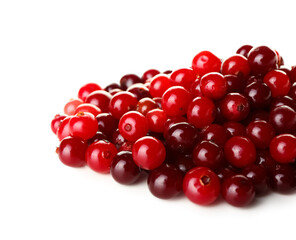 Heap of ripe cranberries on white background, closeup