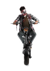 Fototapeta premium Man dressed for Halloween as zombie with motorcycle on white background