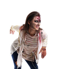 Scary zombie woman on white background