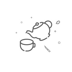 Teapot pours tea in cup simple vector line icon. Kitchenware related sign isolated on white background. Editable stroke