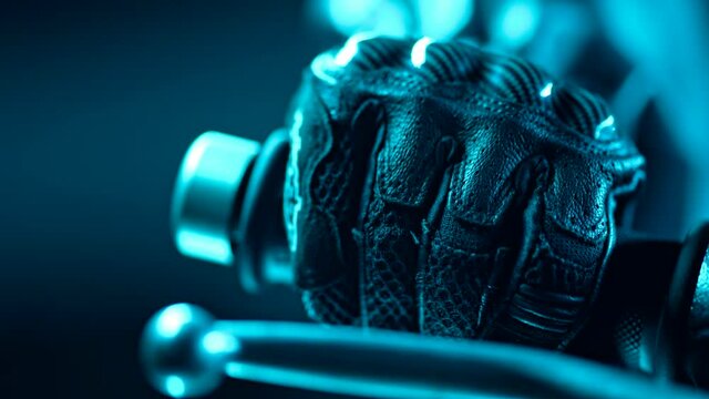 Camera statically captures drivers hand in leather gloves on road who twists accelerometer lever while standing at traffic light in night city. Nightlife and motorcyclist culture concept. Blue neon.