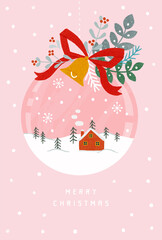 雪化粧赤いお家が入ったクリスマスオーナメントの手描きベクターイラスト