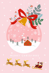 雪化粧赤いお家とサンタクロースとトナカイのクリスマスオーナメントの手描きベクターイラスト
