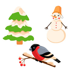 A set of elements on a winter theme: a snowman, a bullfinch and a Christmas tree. Vector illustration in delicate colors, ideal for postcards, decoration of seasonal brochures, prints, souvenirs