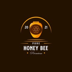Vintage Retro Honey Bee, Honeycomb, Hive Logo Design. With bottle icon. Premium, and luxury farm logo template