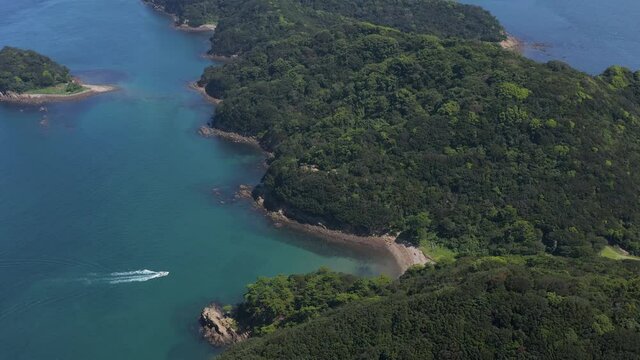 Tomogashima Islands in Wakayama Japan. High Aerial Tilt Reveal Shot