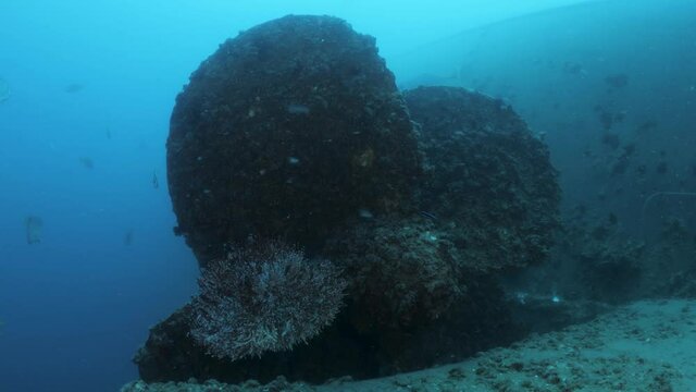 Underwater footage moving along a sunken shipwreck revealing the rusted propeller of a recently scuttled naval shipwreck