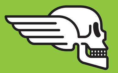 Winged skull vector badge design. Vector illustration of human skull with wings in profile view. Modern bold outline style.