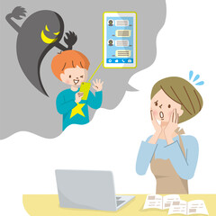 スマホを使う子供に忍び寄る影を心配する母親