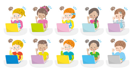 パソコンの画面を見て困惑する世界の子供達のイラスト