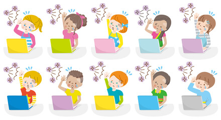 パソコンの画面を見て叱られる世界の子供達のイラスト