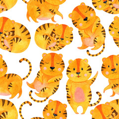 Cute orange tiger, watercolor childrens illustration. Seamless pattern with symbol 2022